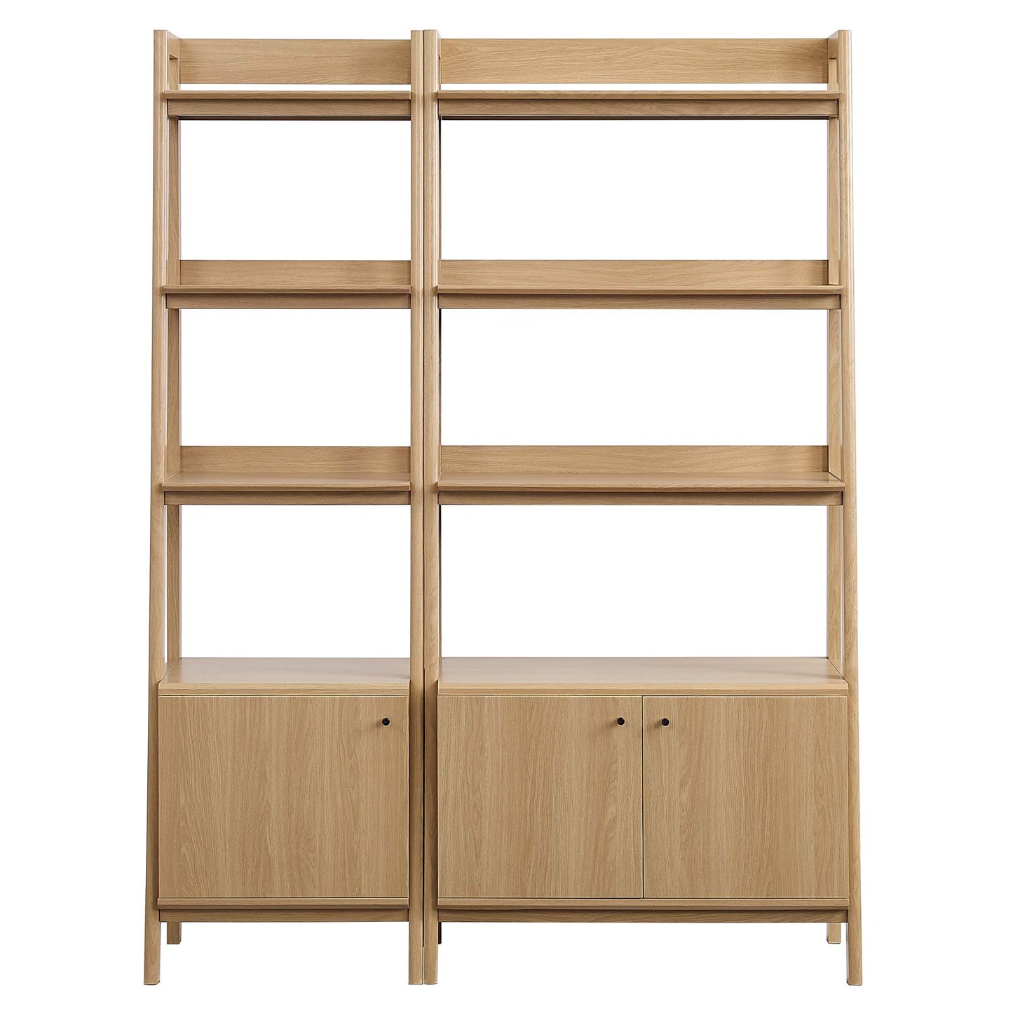 Oak wood bookshelves set of 2 with multiple open shelves above two cabinet bases, modern storage unit.
