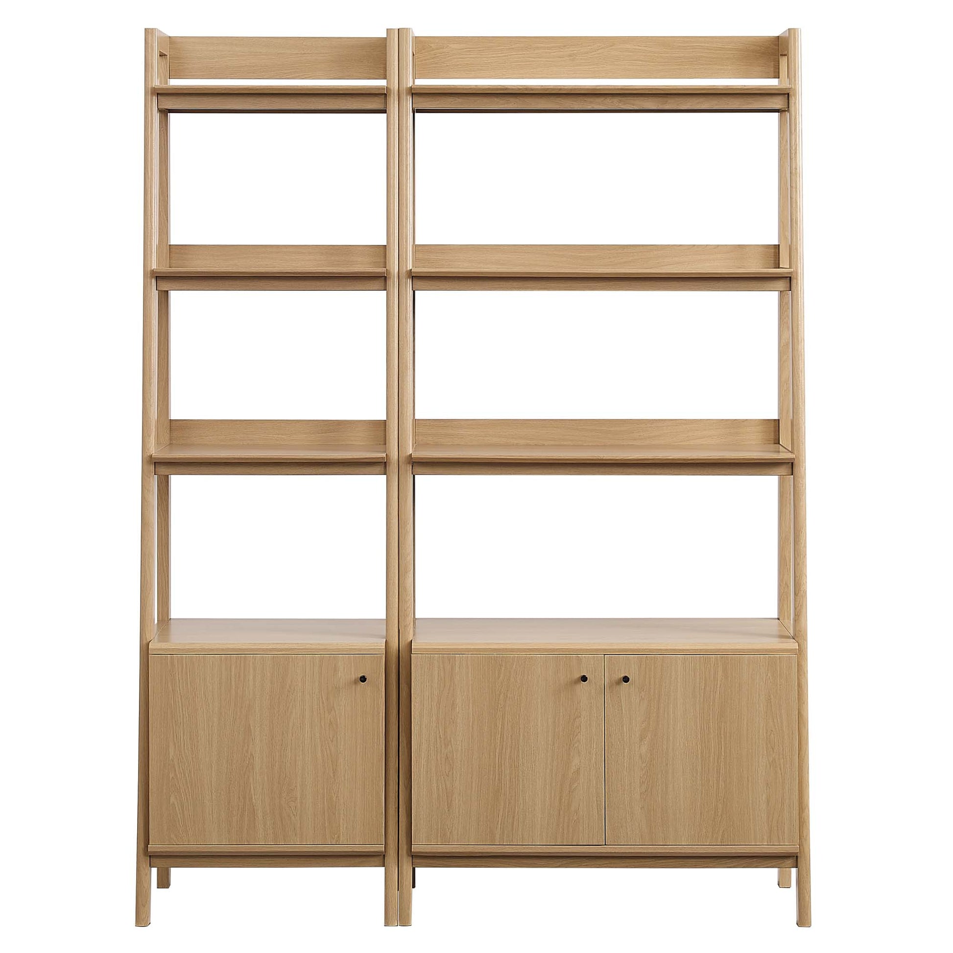 Oak wood bookshelves set of 2 with multiple open shelves above two cabinet bases, modern storage unit.