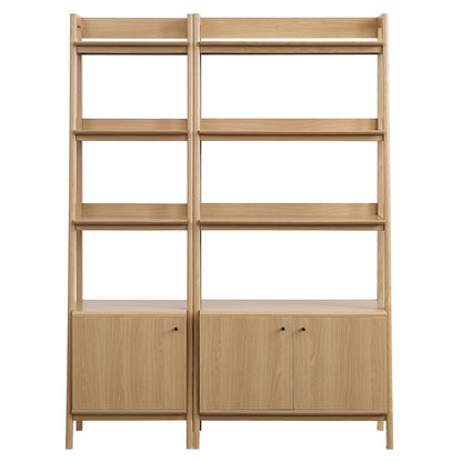 Oak wood bookshelves set of 2 with multiple open shelves above two cabinet bases, modern storage unit.