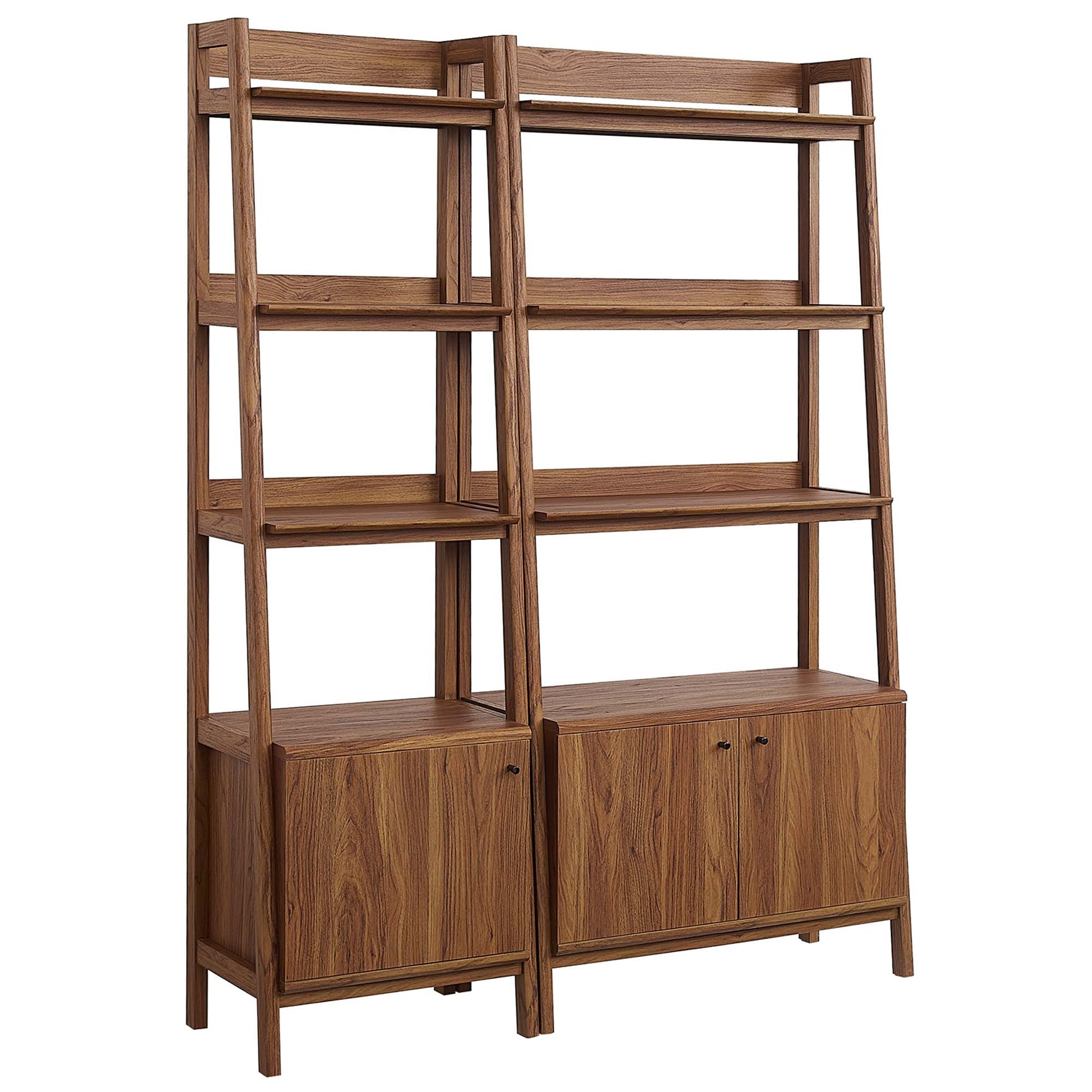 Walnut-finish wood bookcases set of 2 with open shelves on top and base cabinet doors for storage.