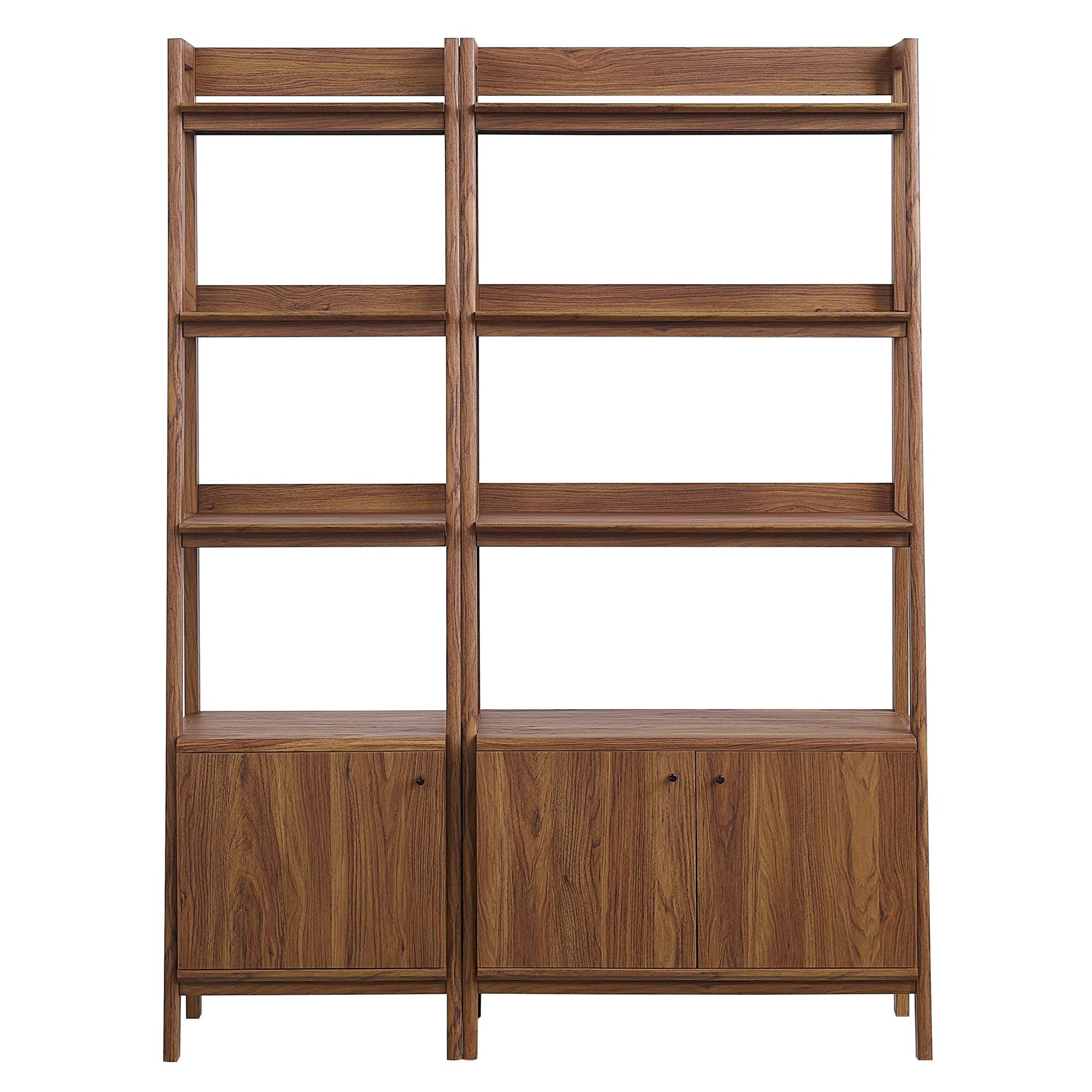 Pair of walnut wood veneer bookcases with open shelves above and bottom storage cabinets.