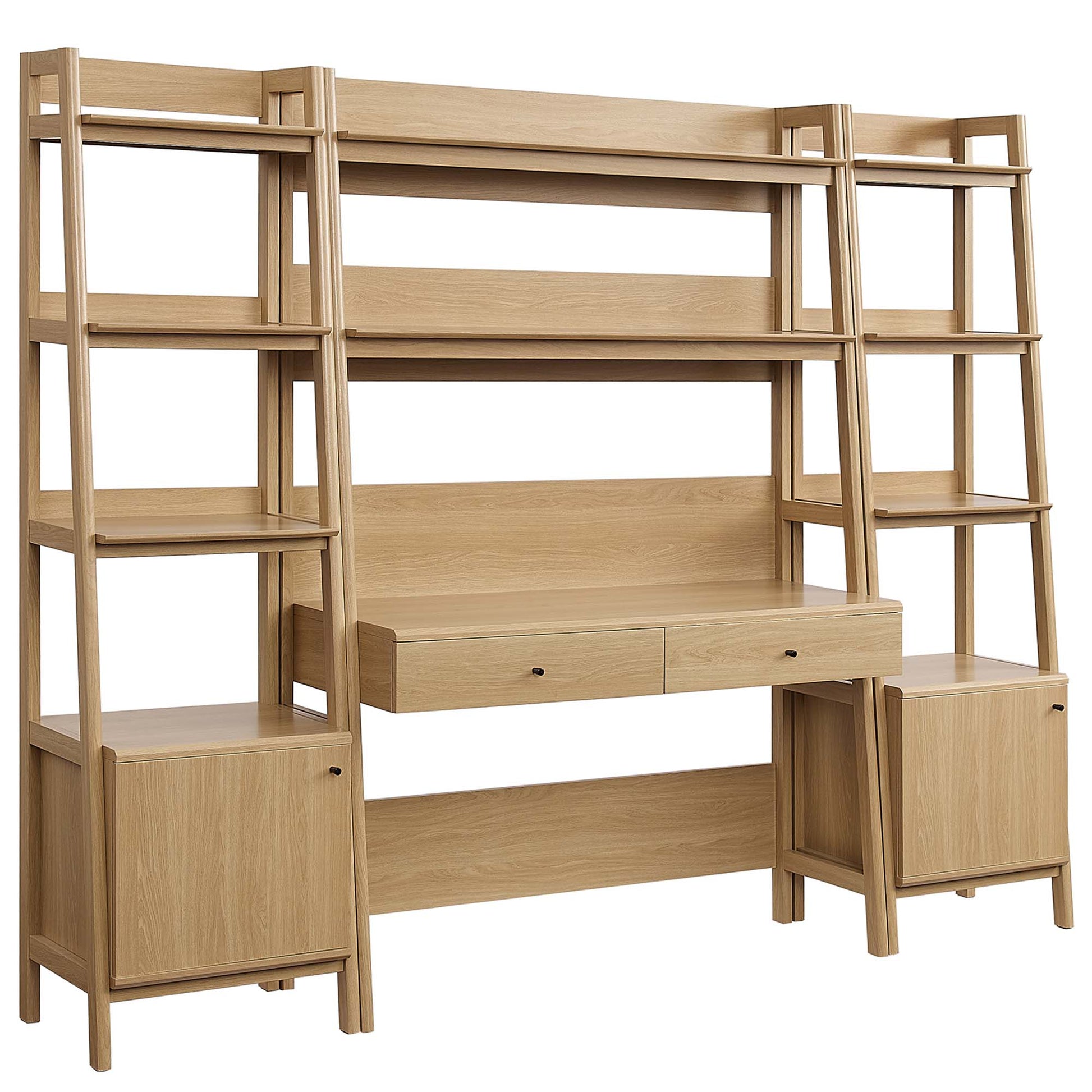 Light oak desk with built-in bookcases on both sides, central two-drawer cabinet, and open shelves above.
