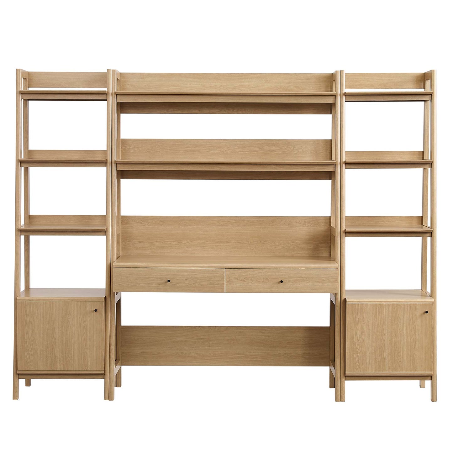 Oak-finish wooden modular shelving unit with left and right bookcases framing a central desk, featuring shelves, drawers and cabinets.