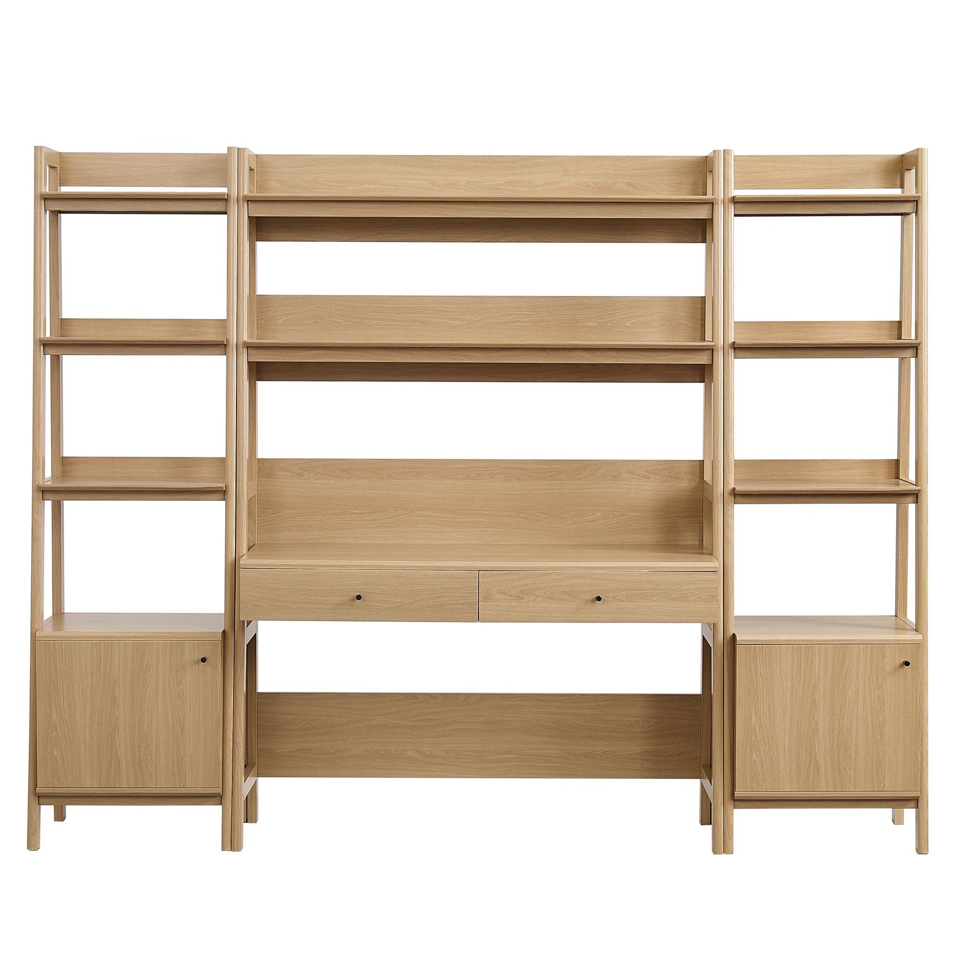 Oak-finish wooden modular shelving unit with left and right bookcases framing a central desk, featuring shelves, drawers and cabinets.