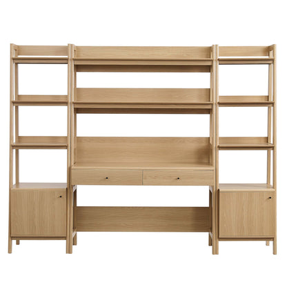 Oak-finish wooden modular shelving unit with left and right bookcases framing a central desk, featuring shelves, drawers and cabinets.