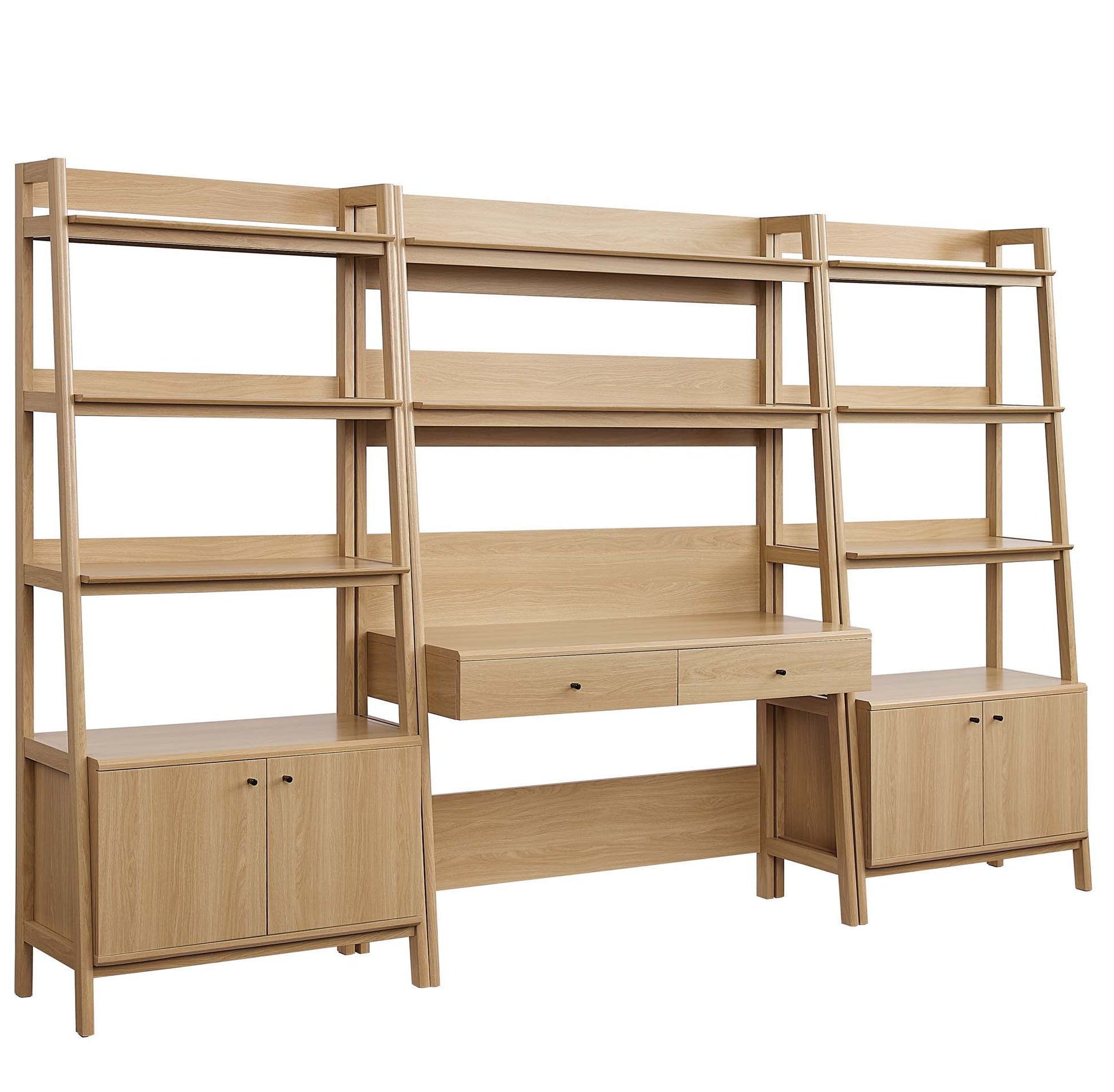 Light oak three-piece wood office desk and bookshelves: central desk with two drawers between tall side bookshelves.