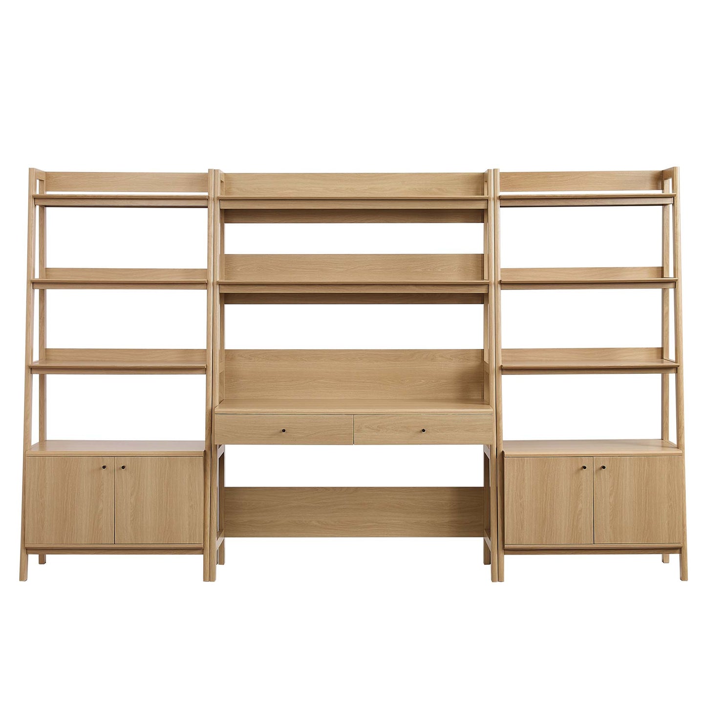Light oak modular shelving unit with three uprights, open cubbies, central desk area, and outer cabinets.