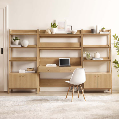Oak wood office desk and bookshelf set with open shelves and cabinets, laptop area, white chair, and plants in a bright living room.