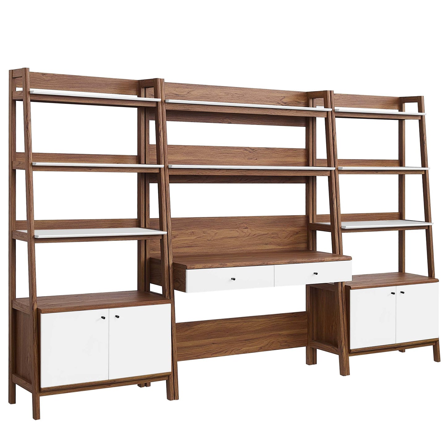 White wood office desk and bookshelves set with drawers and cabinets.