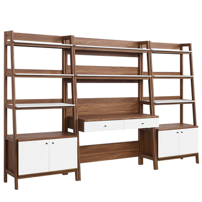 White wood office desk and bookshelves set with drawers and cabinets.