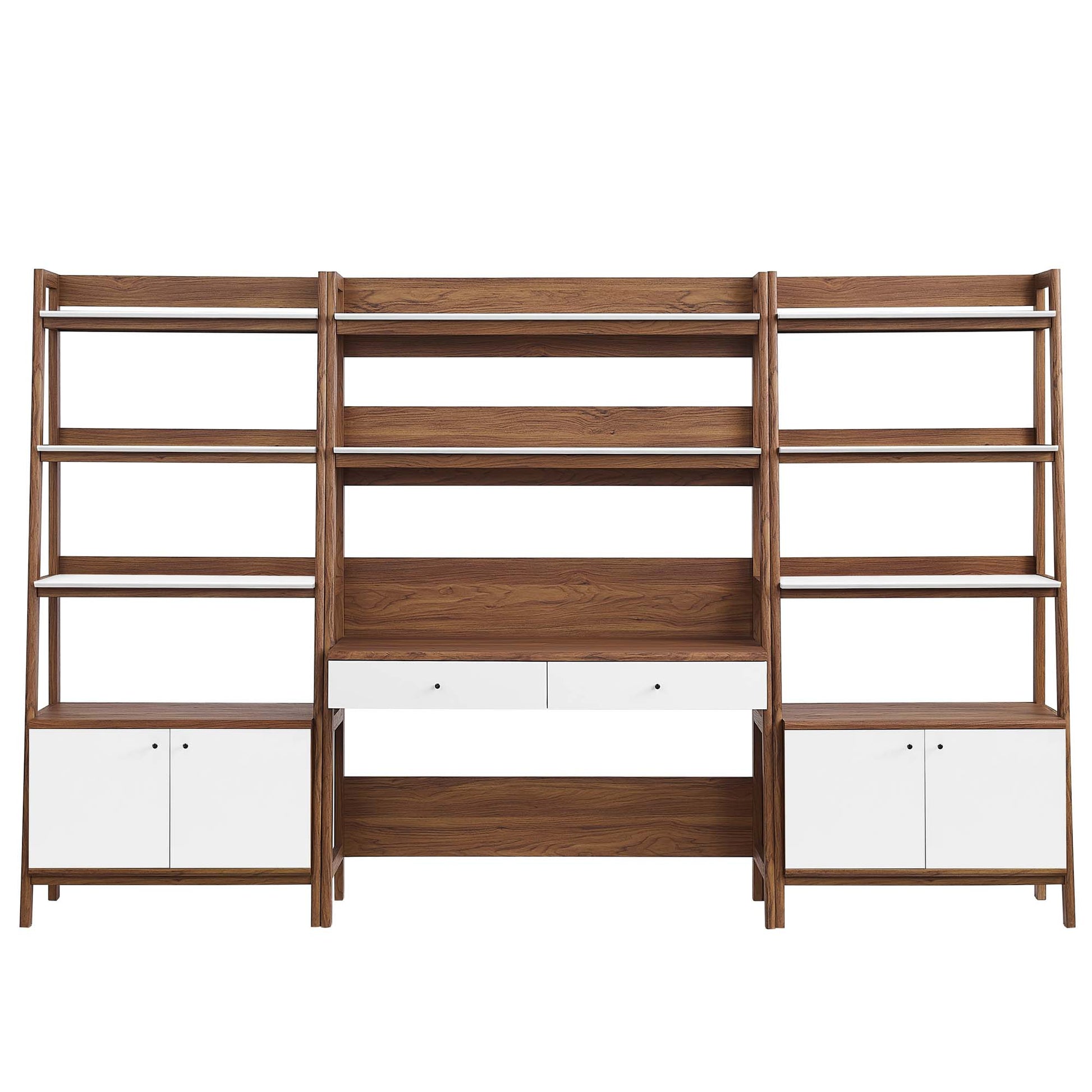 Walnut wood office desk and bookshelf, a three-piece set with central white drawer unit and white cabinets, flanked by open shelves for display and storage.