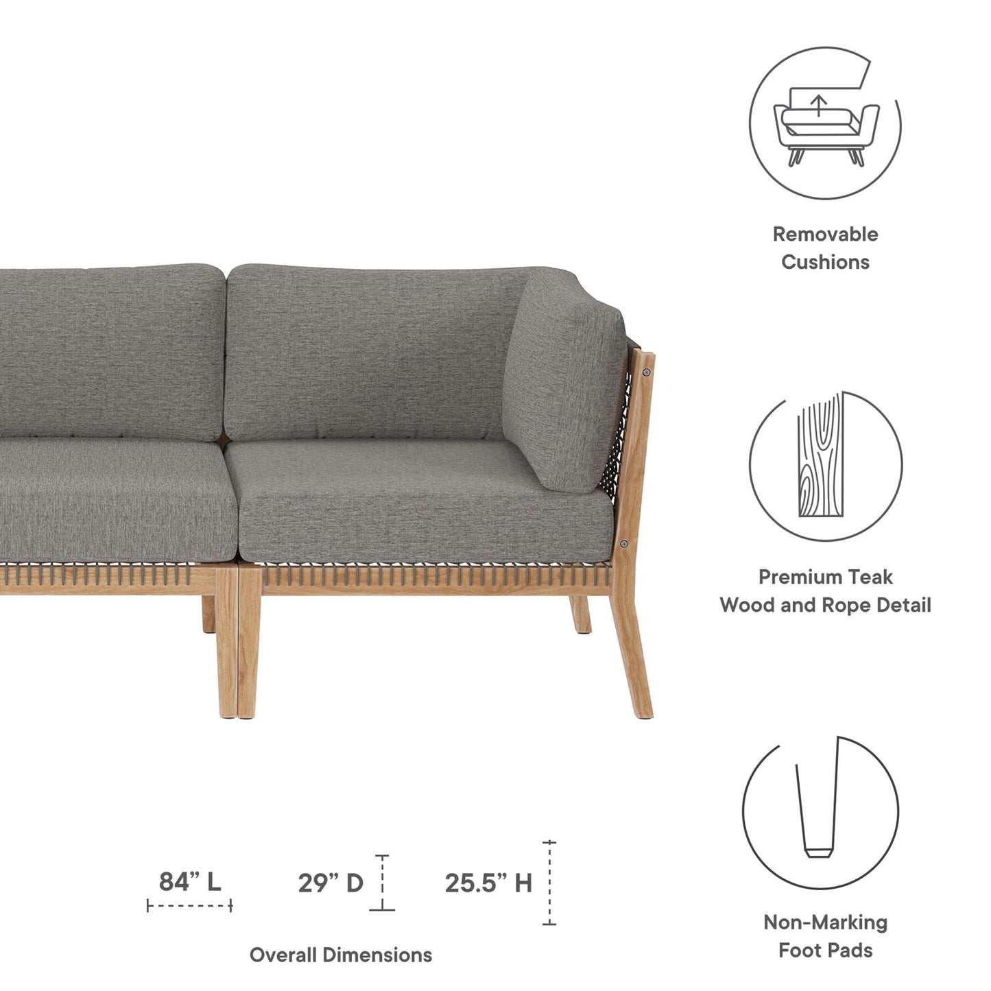 Modway - Clearwater Outdoor Patio Teak Wood Sofa by Modway  Outdoor Furniture Sofa Sectionals Gray - EEI-6120-GRY-GPH