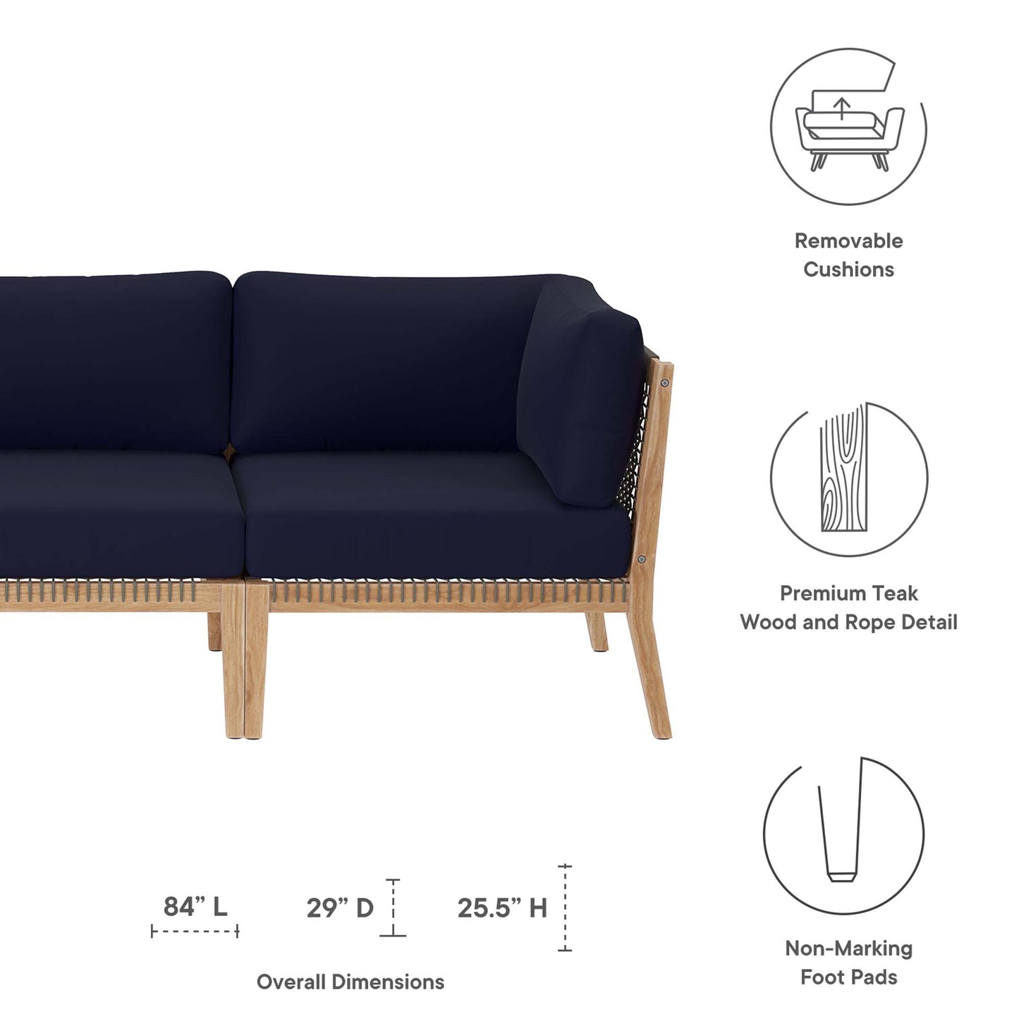 Modway - Clearwater Outdoor Patio Teak Wood Sofa by Modway  Outdoor Furniture Sofa Sectionals Blue - EEI-6120-GRY-NAV