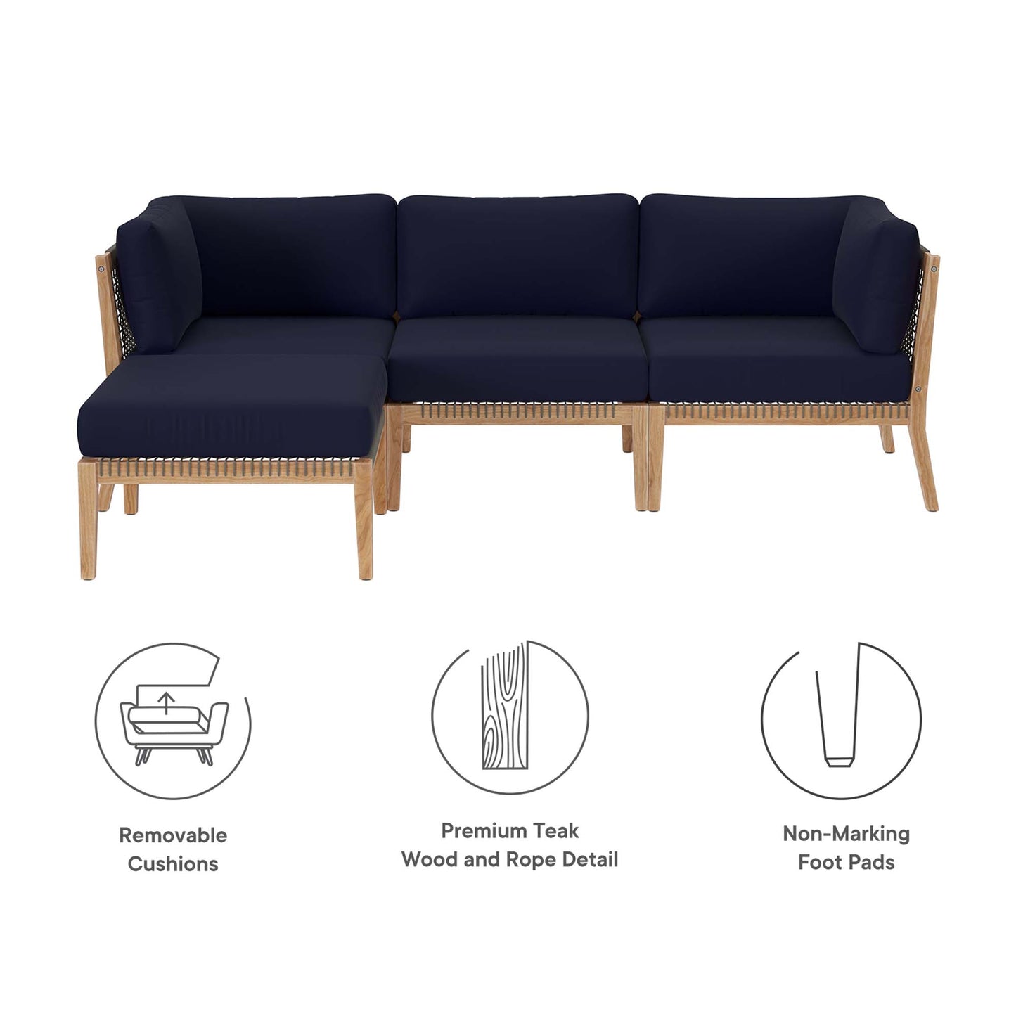 Modway - Clearwater 4-Piece Outdoor Patio Teak Wood Sectional Sofa by Modway  Outdoor Furniture Sofa Sectionals Blue - EEI-6121-GRY-NAV