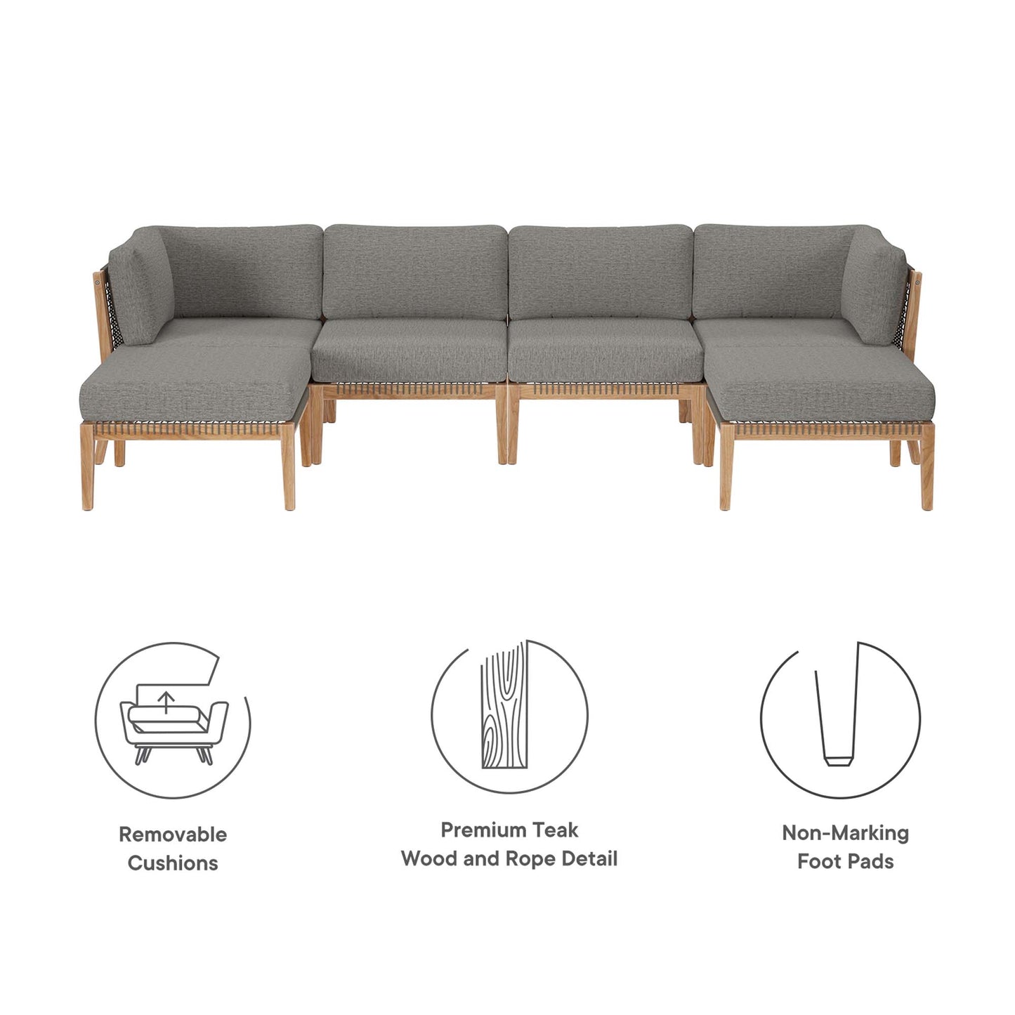Modway - Clearwater 6-Piece Outdoor Patio Teak Wood Sectional Sofa by Modway  Outdoor Furniture Sofa Sectionals Gray - EEI-6122-GRY-GPH