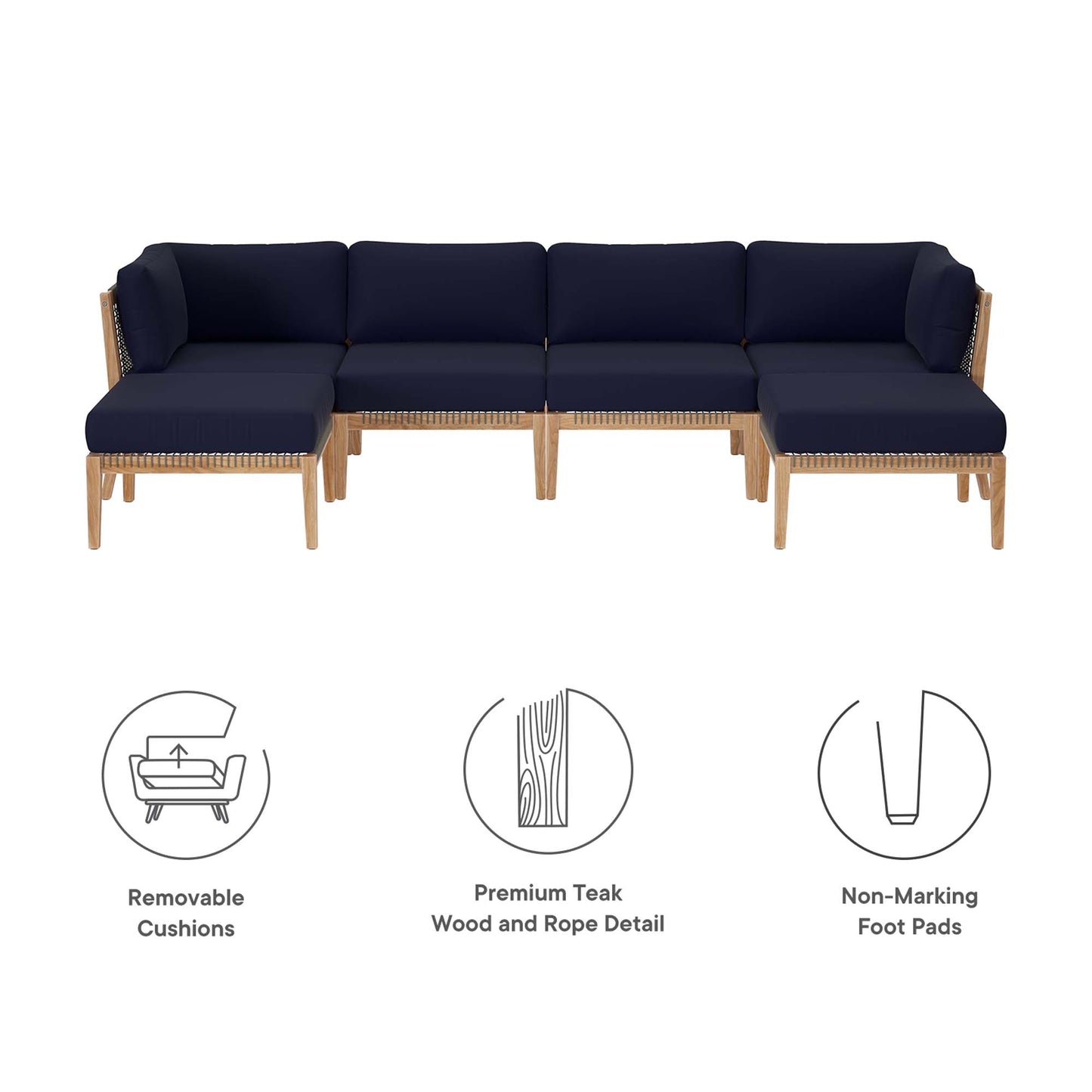 Modway - Clearwater 6-Piece Outdoor Patio Teak Wood Sectional Sofa by Modway  Outdoor Furniture Sofa Sectionals Blue - EEI-6122-GRY-NAV