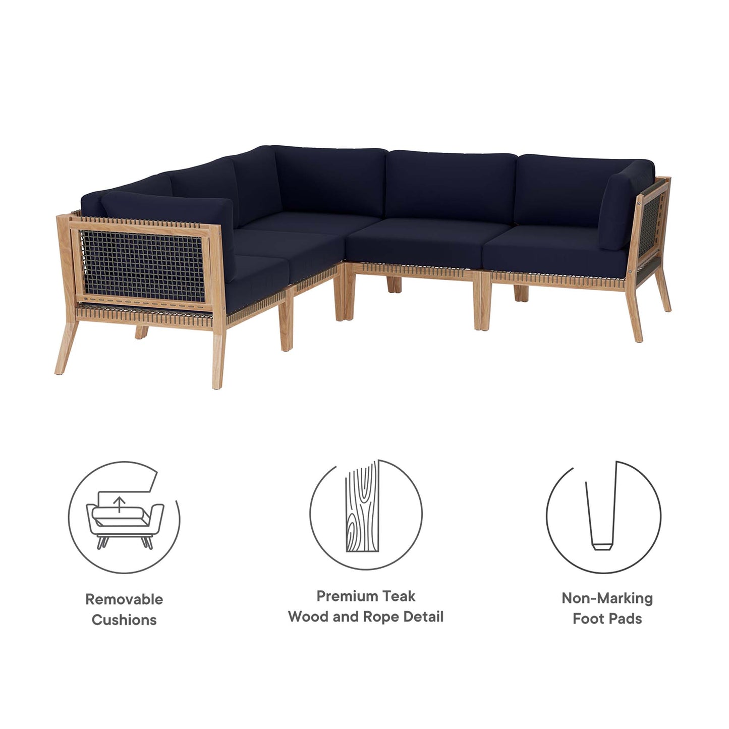 Modway - Clearwater 5-Piece Outdoor Patio Teak Wood Sectional Sofa by Modway  Outdoor Furniture Sofa Sectionals Blue - EEI-6123-GRY-NAV