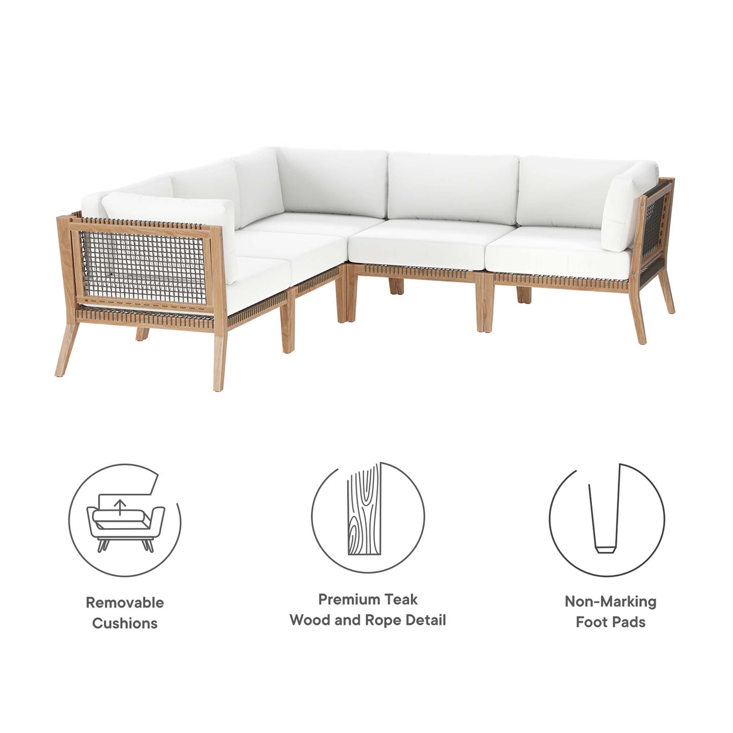 Modway - Clearwater 5-Piece Outdoor Patio Teak Wood Sectional Sofa by Modway  Outdoor Furniture Sofa Sectionals White - EEI-6123-GRY-WHI