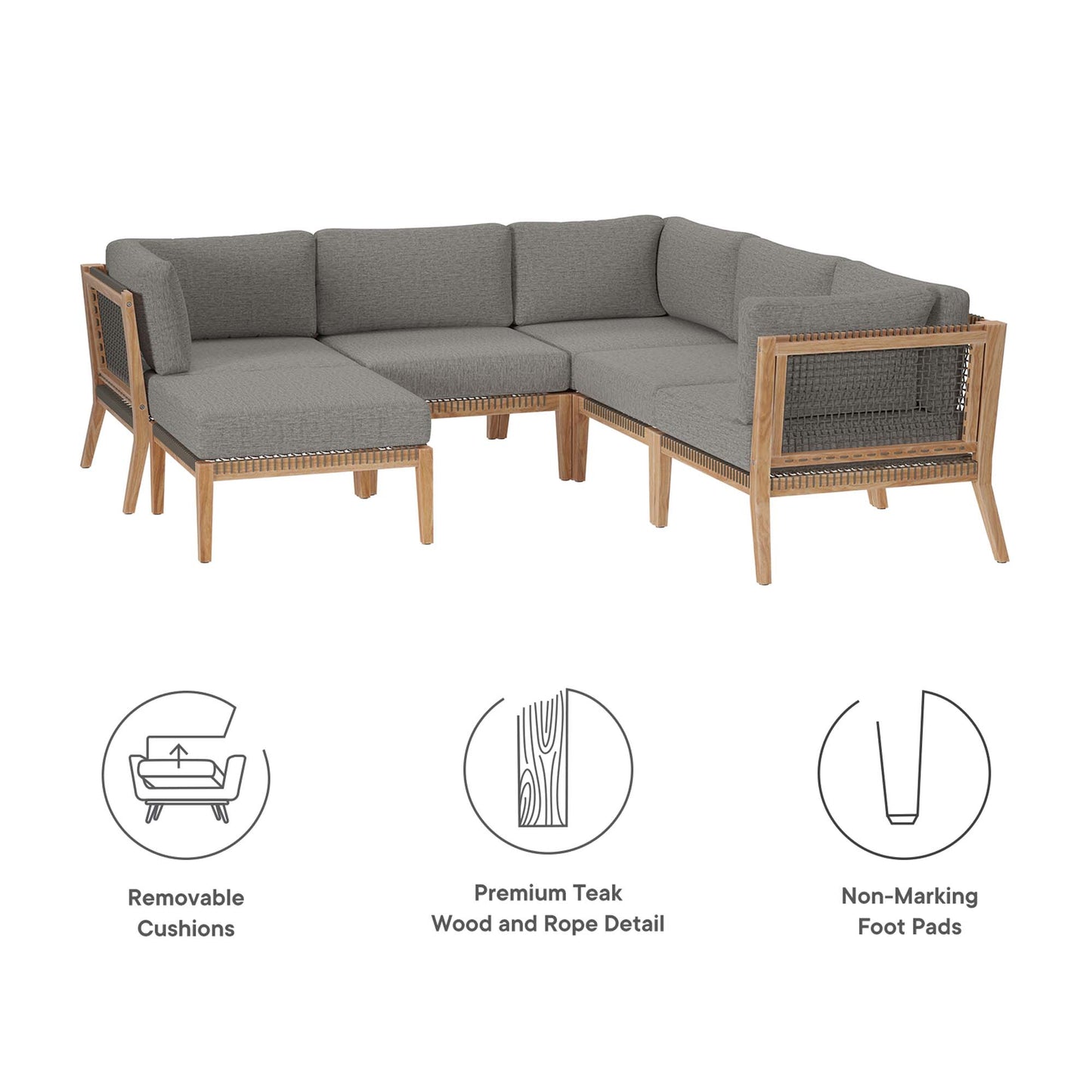 Modway - Clearwater 6-Piece Outdoor Patio Teak Wood Sectional Sofa by Modway  Outdoor Furniture Sofa Sectionals Gray - EEI-6124-GRY-GPH