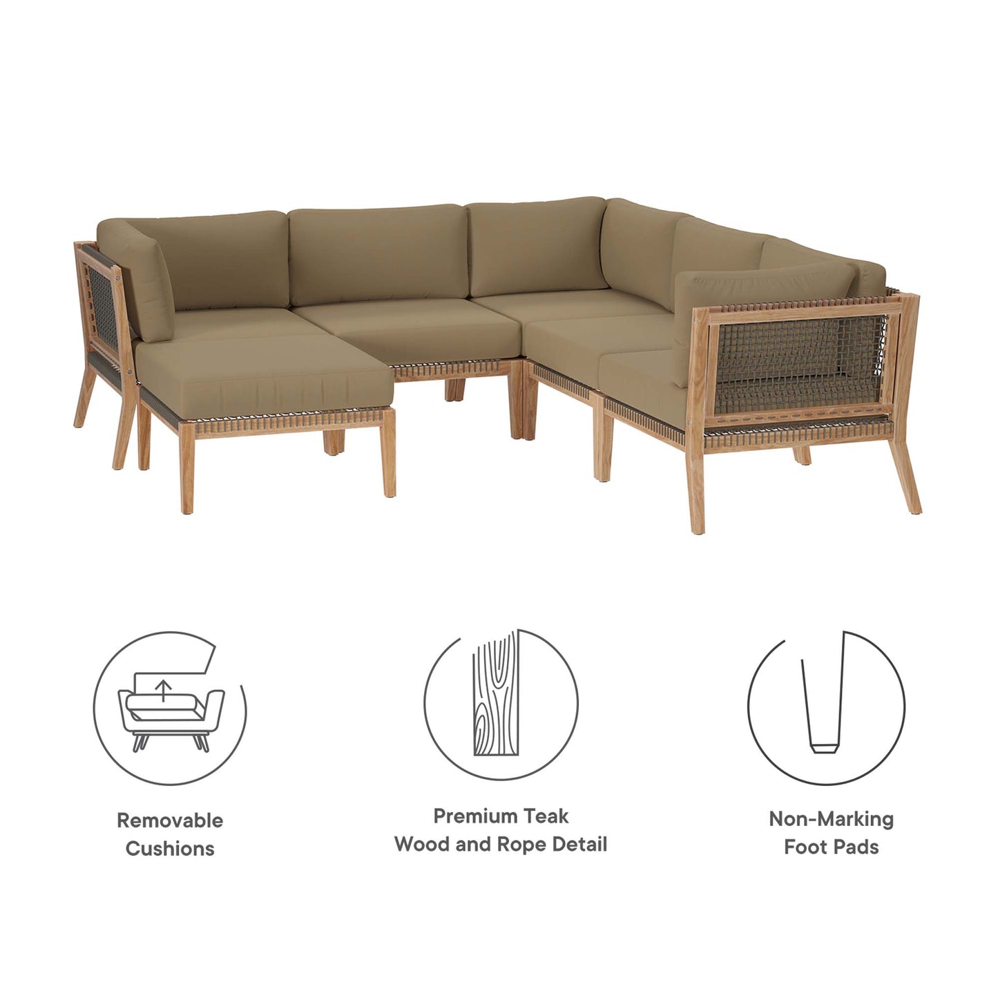 Modway - Clearwater 6-Piece Outdoor Patio Teak Wood Sectional Sofa by Modway  Outdoor Furniture Sofa Sectionals Brown - EEI-6124-GRY-LBR