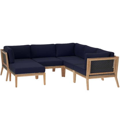 Modway - Clearwater 6-Piece Outdoor Patio Teak Wood Sectional Sofa by Modway  Outdoor Furniture Sofa Sectionals Blue - EEI-6124-GRY-NAV