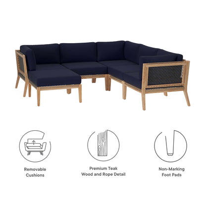 Modway - Clearwater 6-Piece Outdoor Patio Teak Wood Sectional Sofa by Modway  Outdoor Furniture Sofa Sectionals Blue - EEI-6124-GRY-NAV
