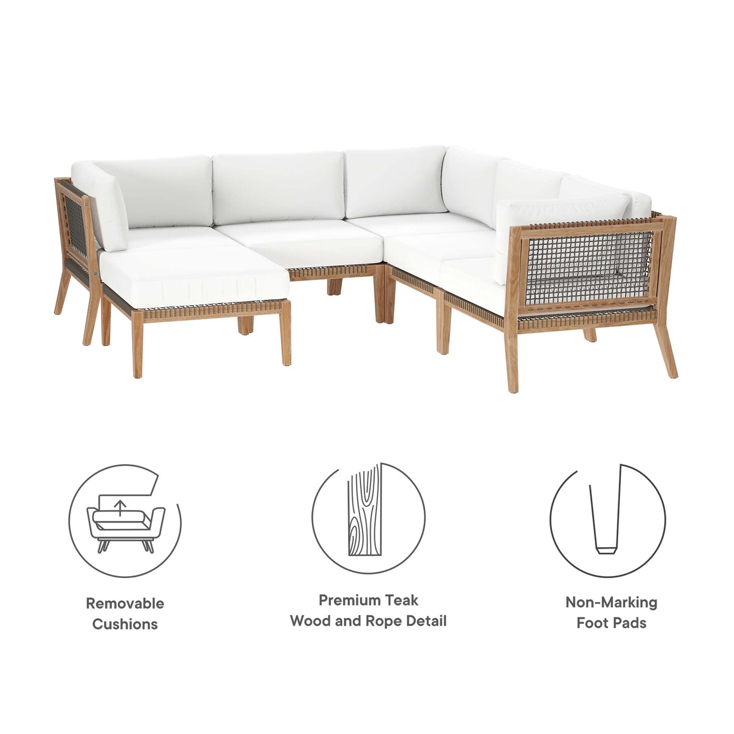 Modway - Clearwater 6-Piece Outdoor Patio Teak Wood Sectional Sofa by Modway  Outdoor Furniture Sofa Sectionals White - EEI-6124-GRY-WHI