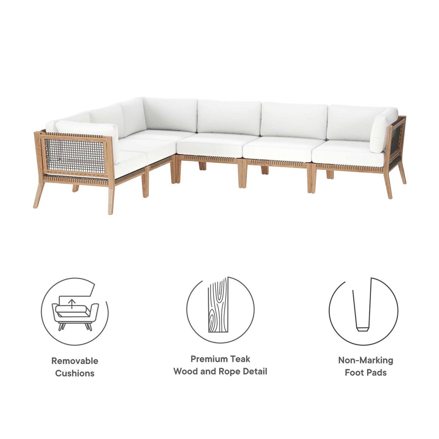 Modway - Clearwater 6-Piece Outdoor Patio Teak Wood Sectional Sofa by Modway  Outdoor Furniture Sofa Sectionals White - EEI-6125-GRY-WHI