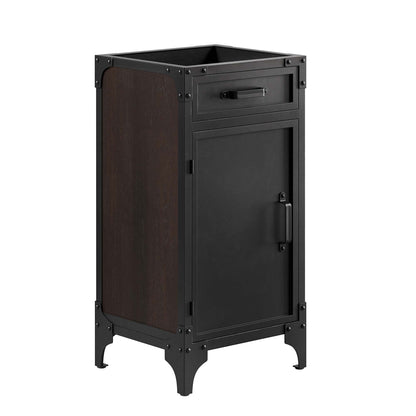 Black bathroom vanity with a dark wood side panel, open top compartment, small drawer and front door with a latch, and curved legs.