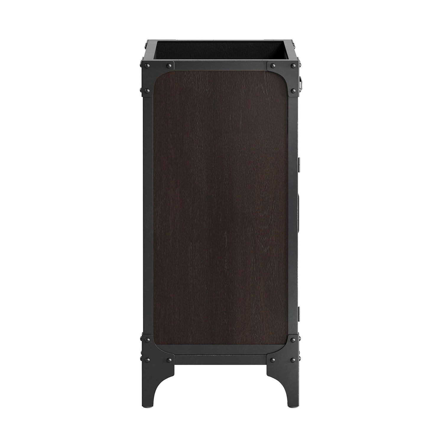 Black bathroom vanity with dark walnut wood front panel, riveted metal frame, freestanding rectangular unit on curved legs.
