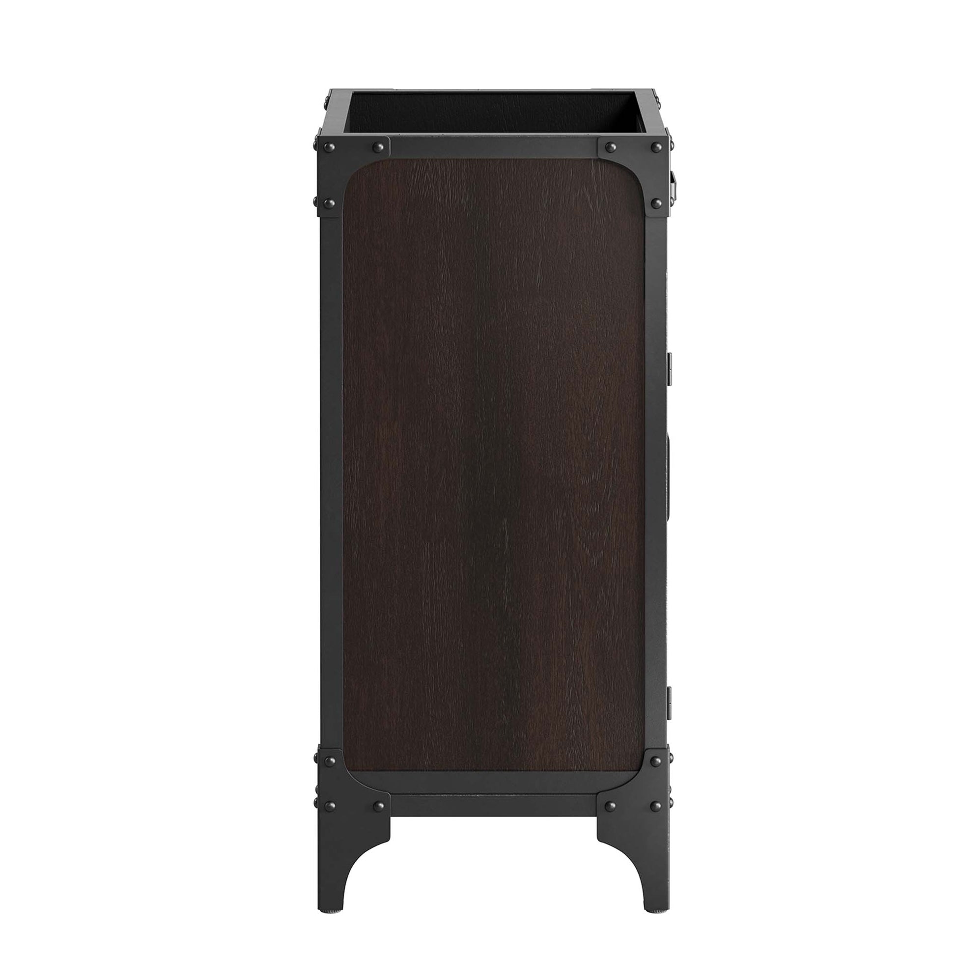 Black bathroom vanity with dark walnut wood front panel, riveted metal frame, freestanding rectangular unit on curved legs.