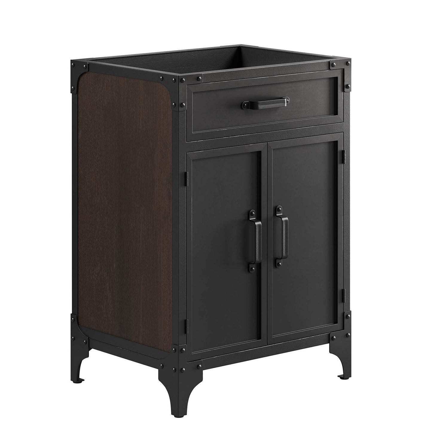 Industrial black metal vanity with walnut wood sides, top drawer and two-door cabinet on curved feet.