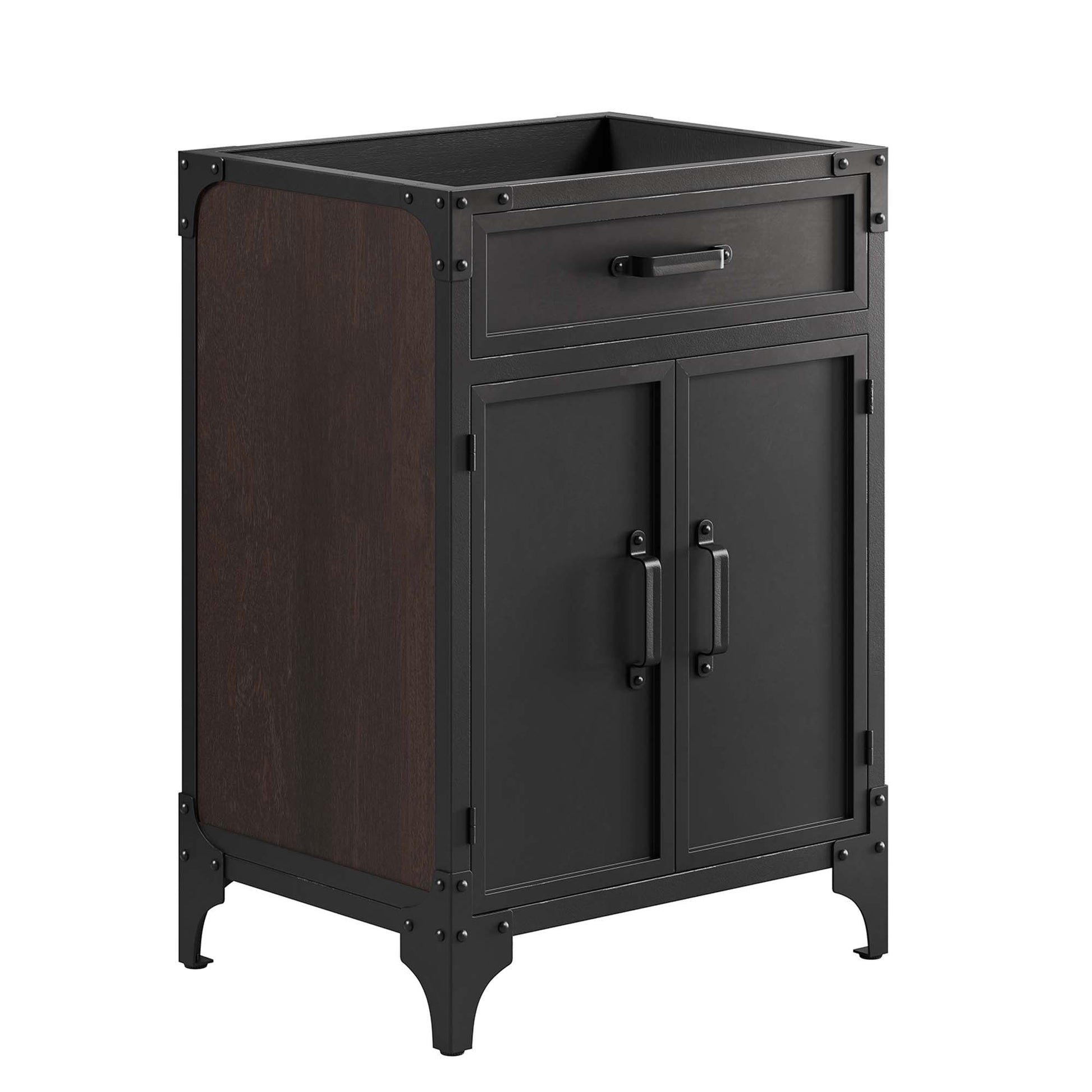 Industrial black metal vanity with walnut wood sides, top drawer and two-door cabinet on curved feet.