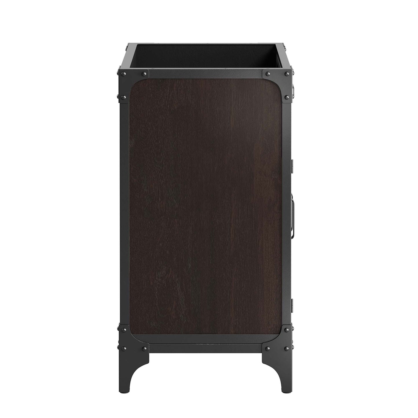 Industrial-style black metal frame with dark walnut wood panel, tall bathroom vanity cabinet with riveted corners.