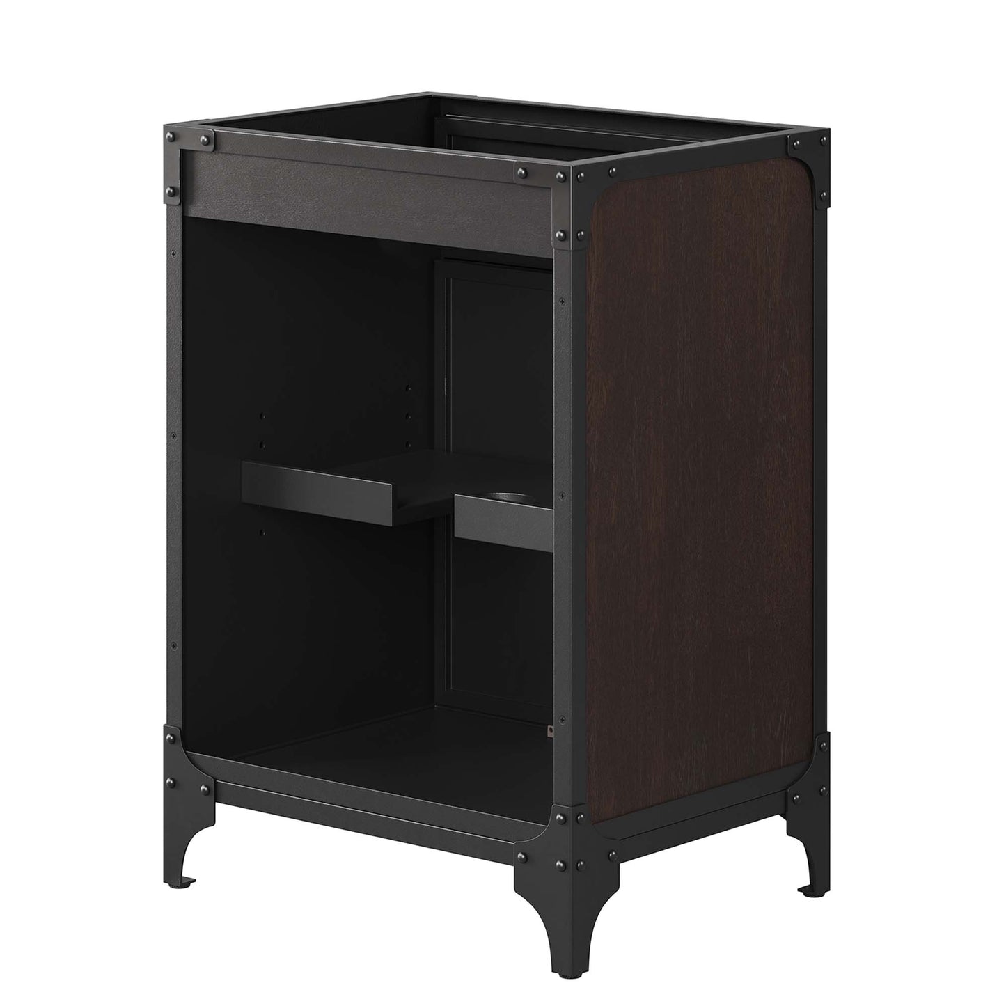 Industrial black metal frame bathroom vanity cabinet with walnut wood panels, open front, two interior shelves, curved feet.