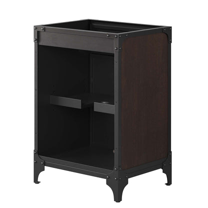 Industrial black metal frame bathroom vanity cabinet with walnut wood panels, open front, two interior shelves, curved feet.