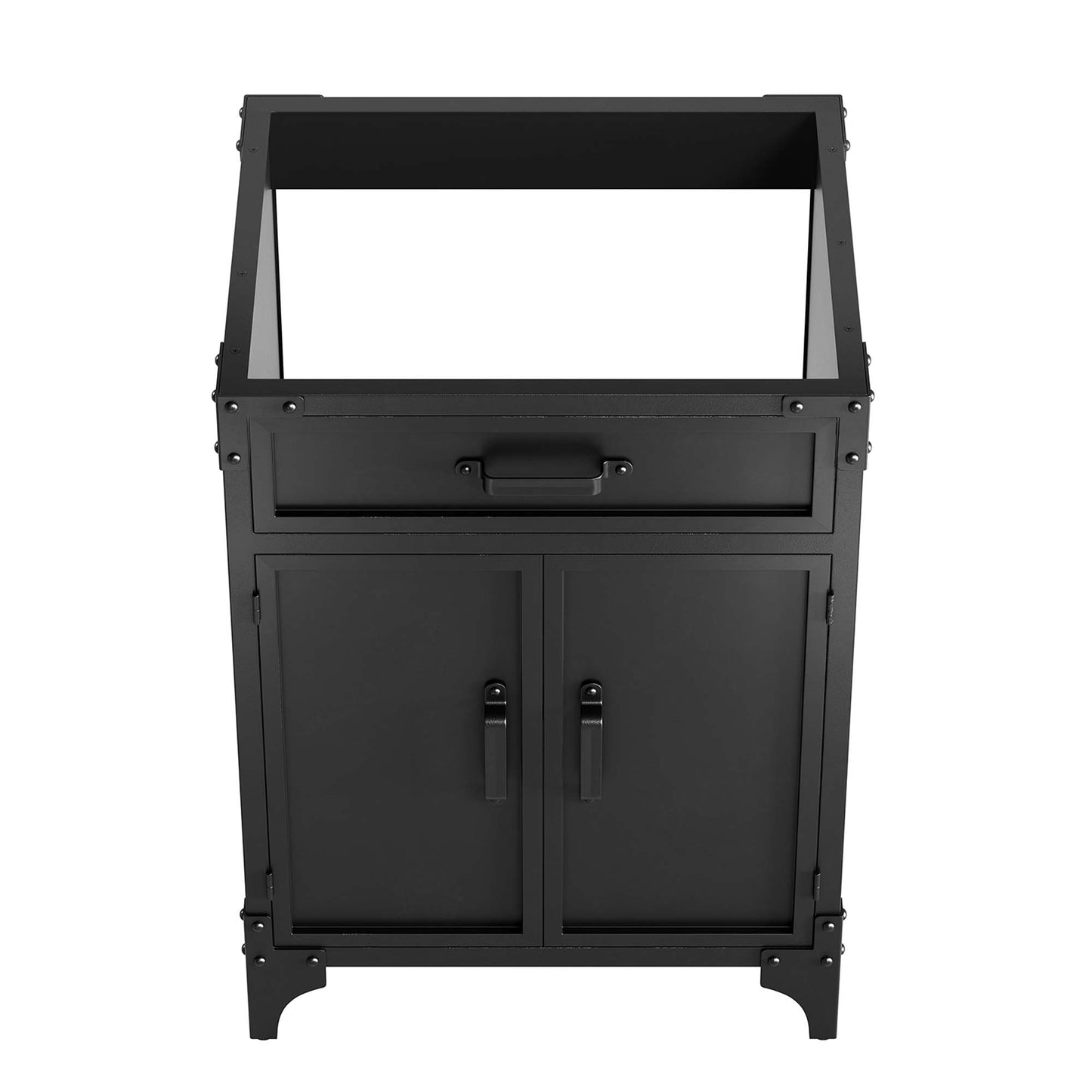 Brown 24-inch bathroom vanity cabinet with a shallow drawer, two-panel doors, and curved feet; sink basin not included.