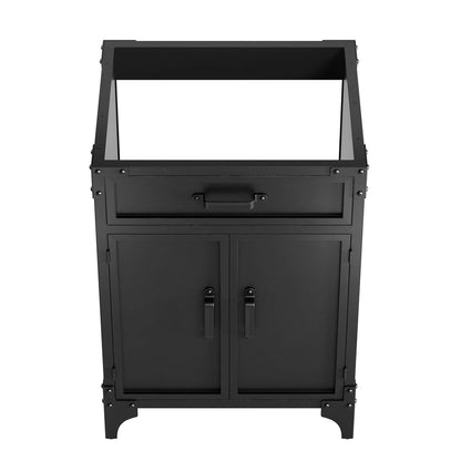 Brown 24-inch bathroom vanity cabinet with a shallow drawer, two-panel doors, and curved feet; sink basin not included.