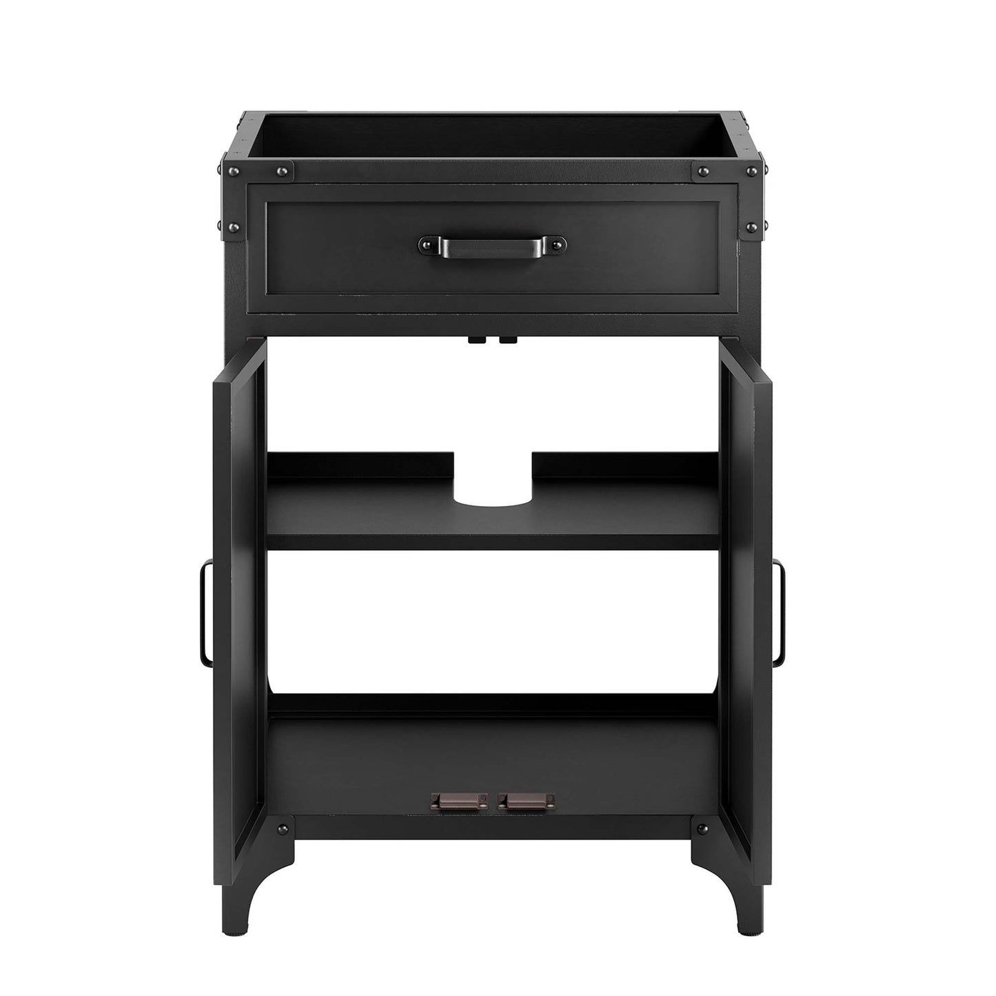 Black bathroom vanity cabinet with a top drawer, open shelves, and side handles.