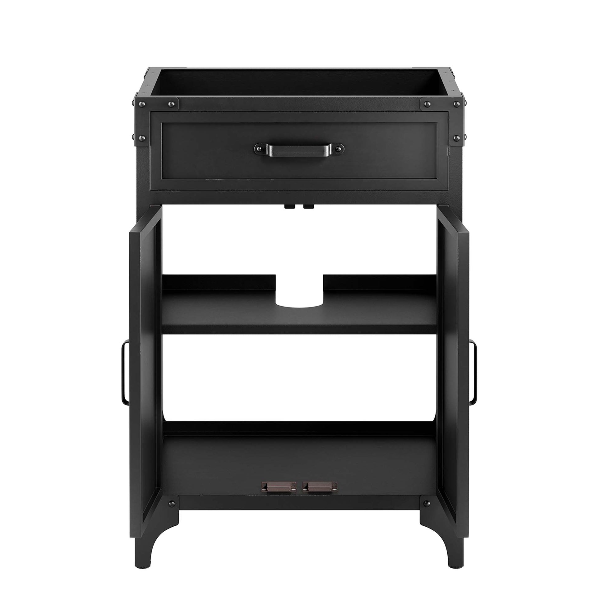 Black bathroom vanity cabinet with a top drawer, open shelves, and side handles.