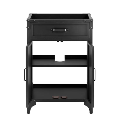 Black bathroom vanity cabinet with a top drawer, open shelves, and side handles.