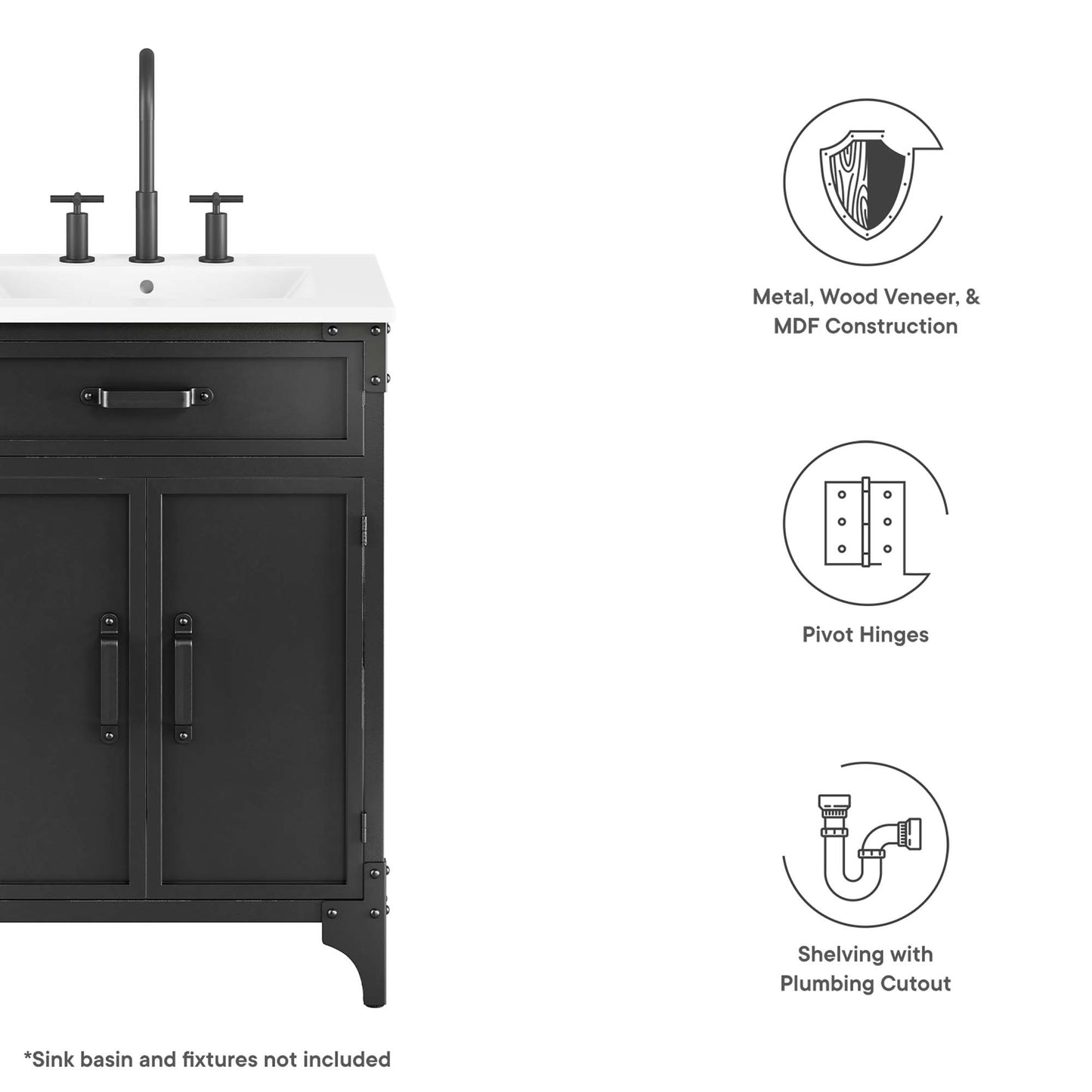 Black bathroom vanity with white countertop, two panel doors, metal handles, industrial farmhouse style