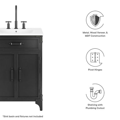 Black bathroom vanity with white countertop, two panel doors, metal handles, industrial farmhouse style