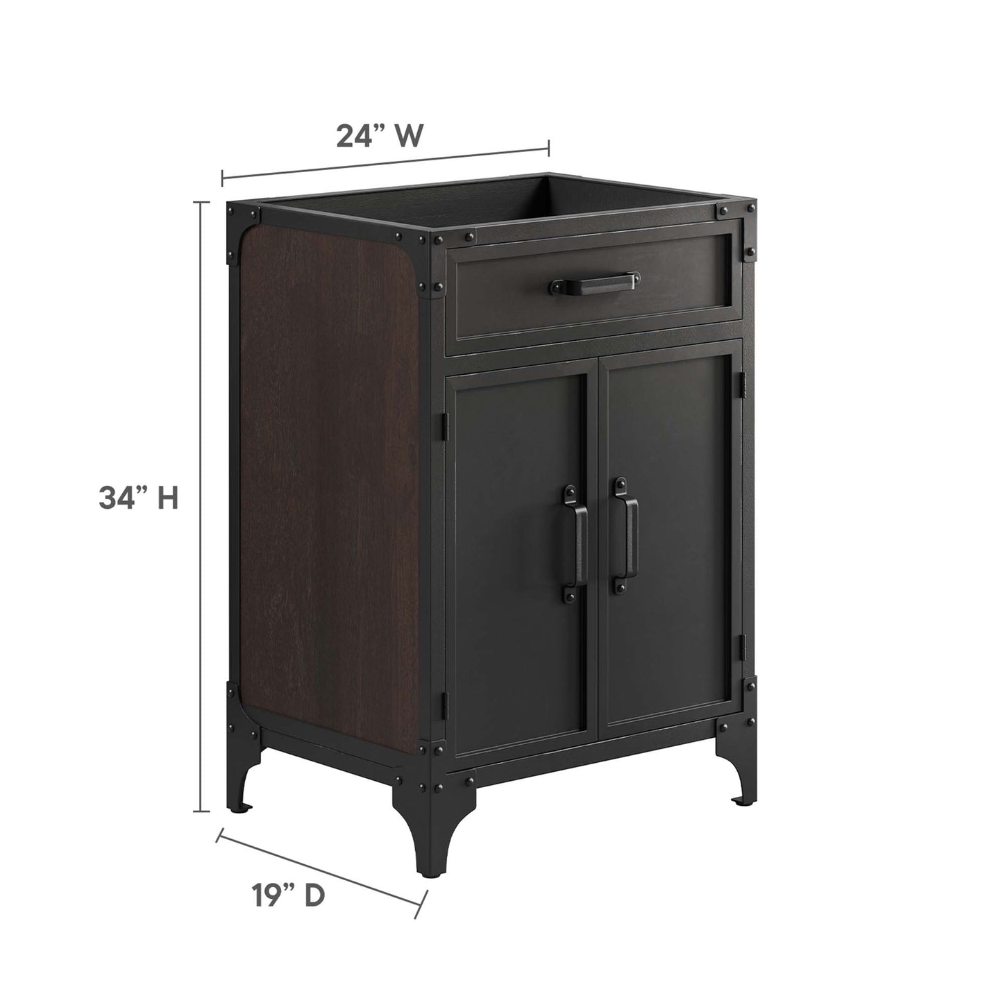 Bathroom vanity cabinet in black metal with walnut wood panels, top drawer & double doors, 34H x 24W x 19D.