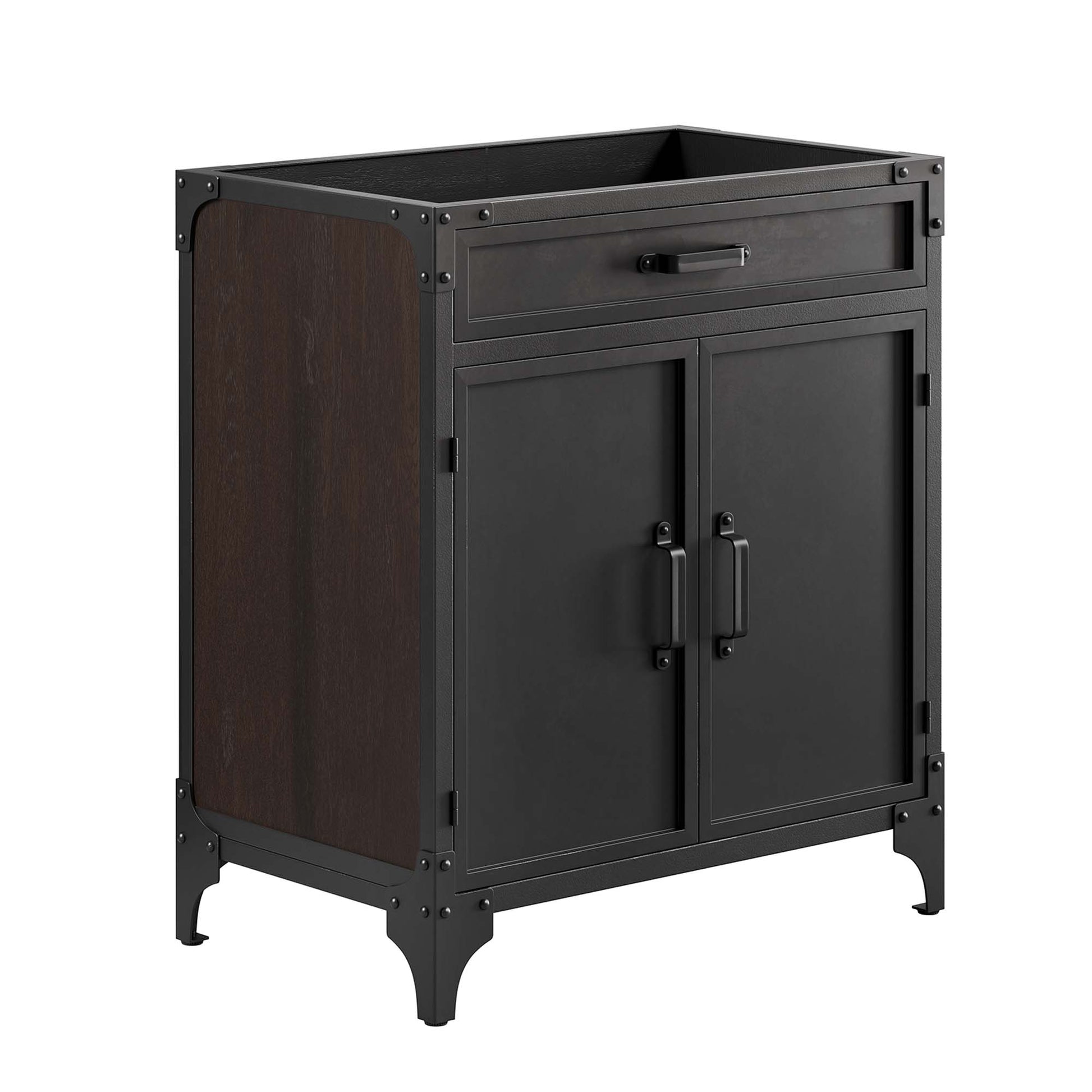 Brown bathroom vanity cabinet with walnut panels, open-top storage, single drawer, double doors, riveted frame, curved feet.