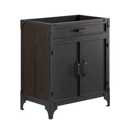 Brown bathroom vanity cabinet with walnut panels, open-top storage, single drawer, double doors, riveted frame, curved feet.