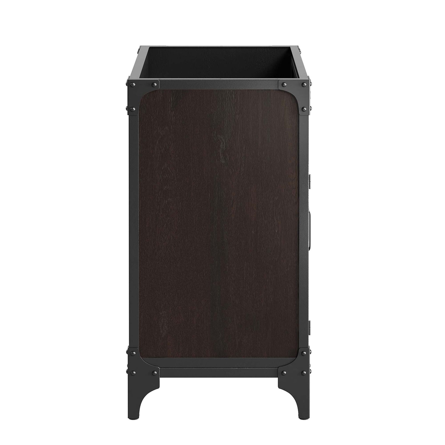 Slim bathroom vanity cabinet with dark walnut wood panel, black riveted metal frame, and curved feet.