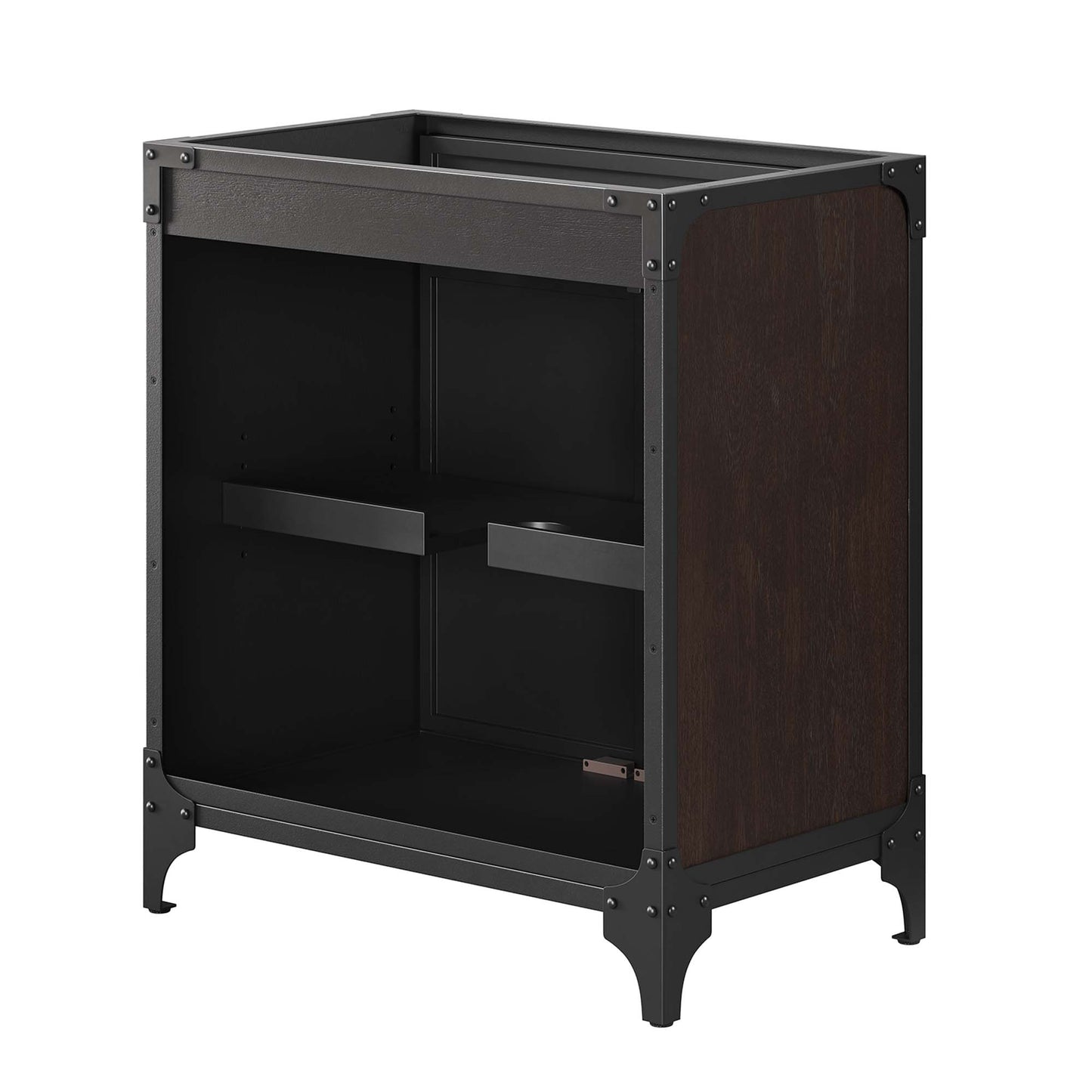 Bathroom vanity cabinet with walnut veneer & black metal frame, open-front design with interior shelves; sink basin not included.