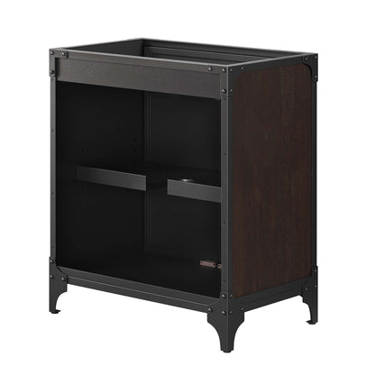 Bathroom vanity cabinet with walnut veneer & black metal frame, open-front design with interior shelves; sink basin not included.