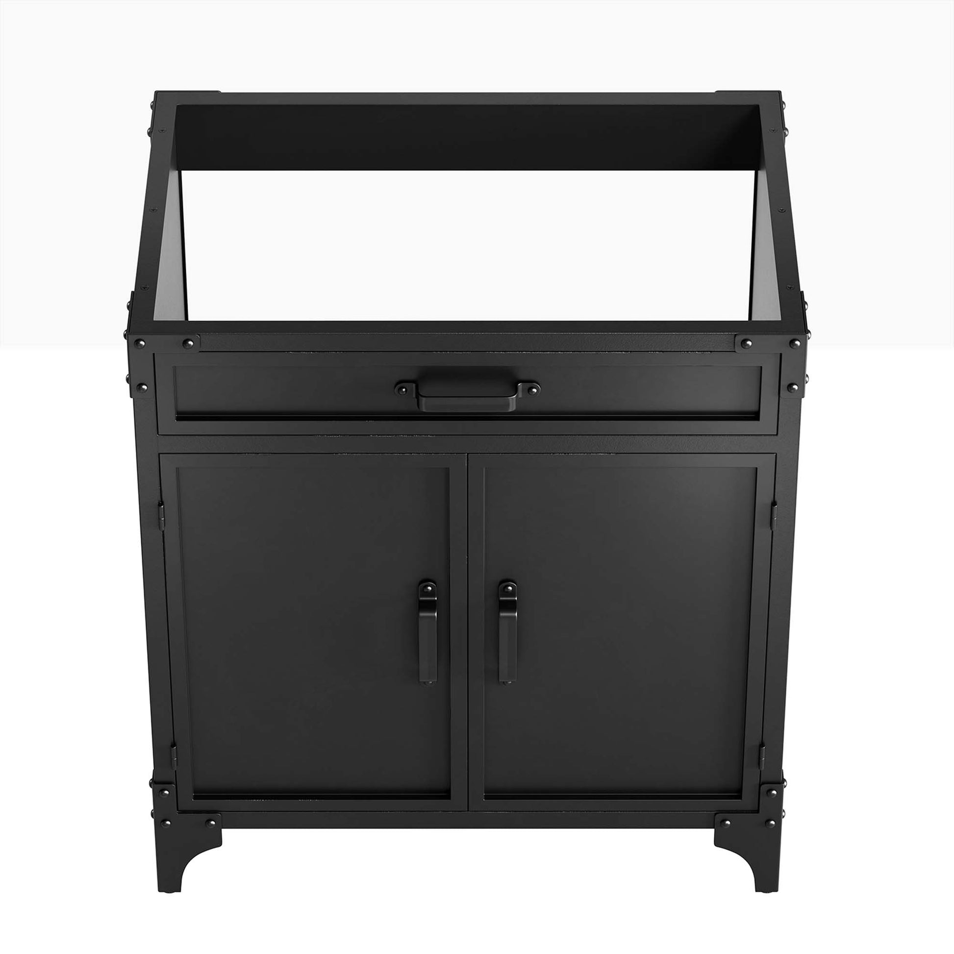 Black industrial-style cabinet with two-paneled doors, metal pulls & an open-framed top section.